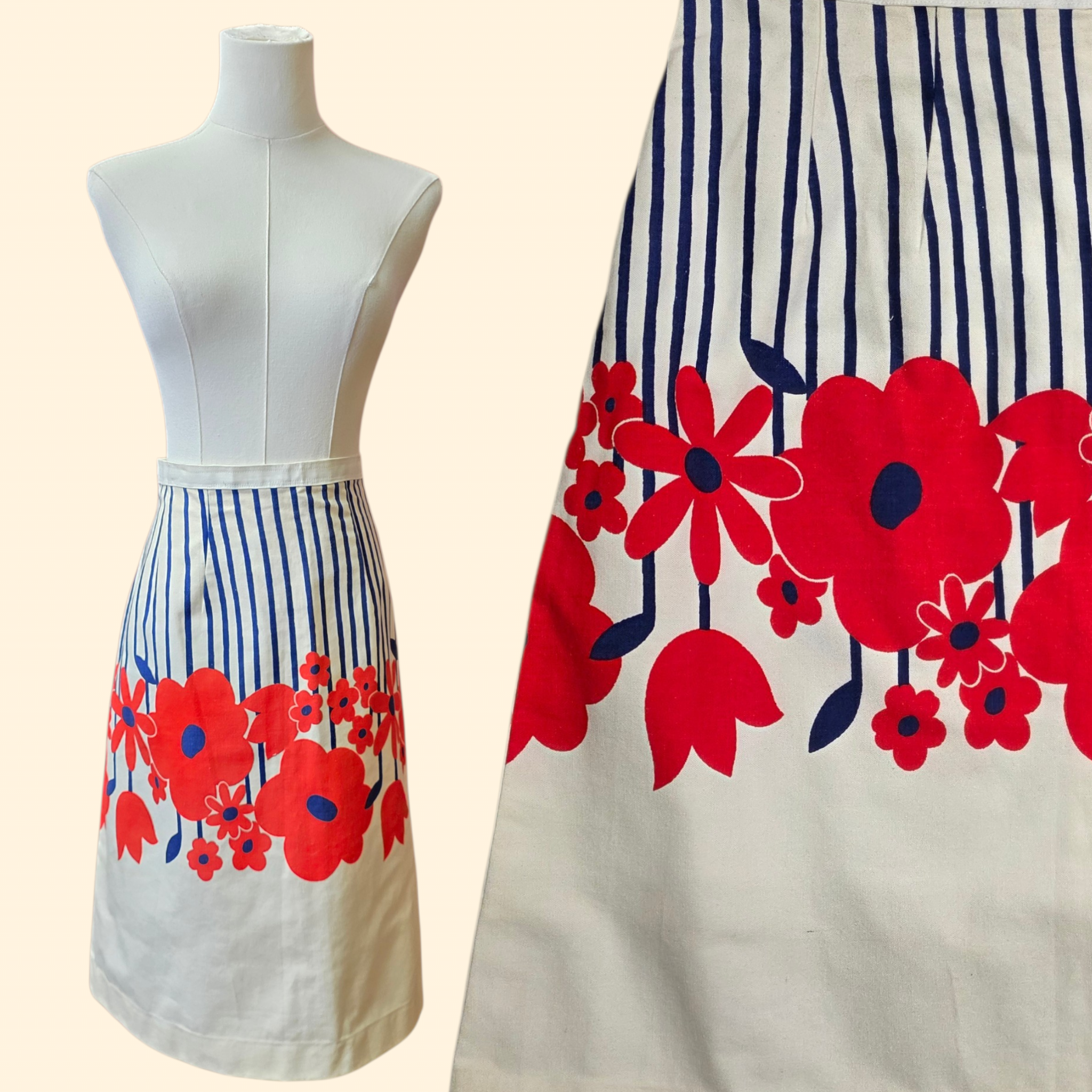 1960s Flower Power Red White and Blue Midi Skirt ~ Medium Large