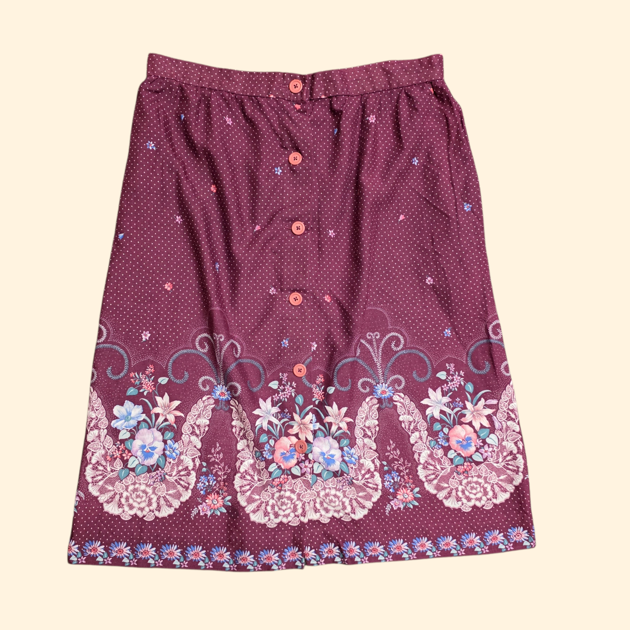 1970s Burgundy Floral Midi Button Up Skirt ~ Large ~ Mauve Cottagecore