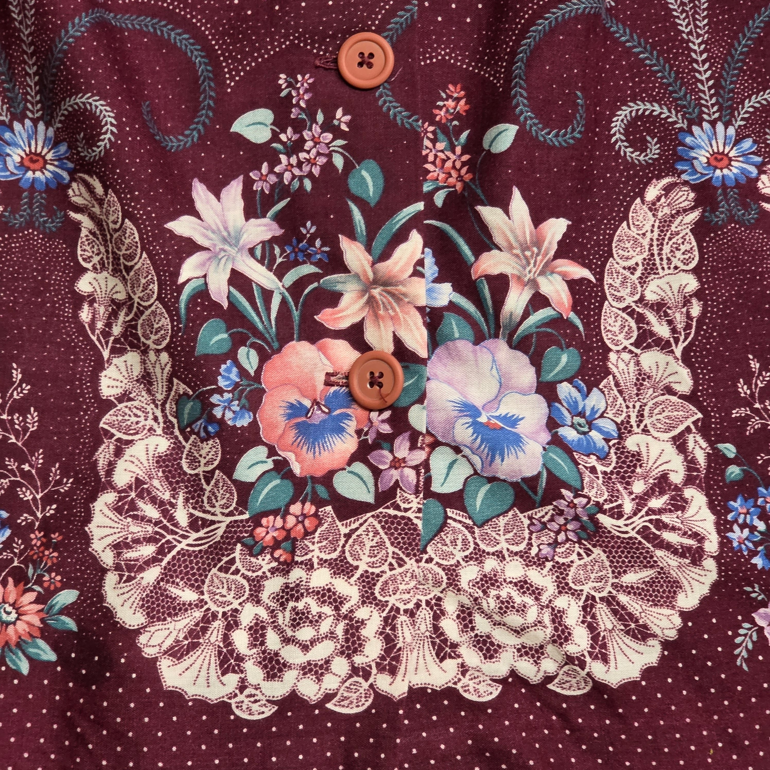 1970s Burgundy Floral Midi Button Up Skirt ~ Large ~ Mauve Cottagecore