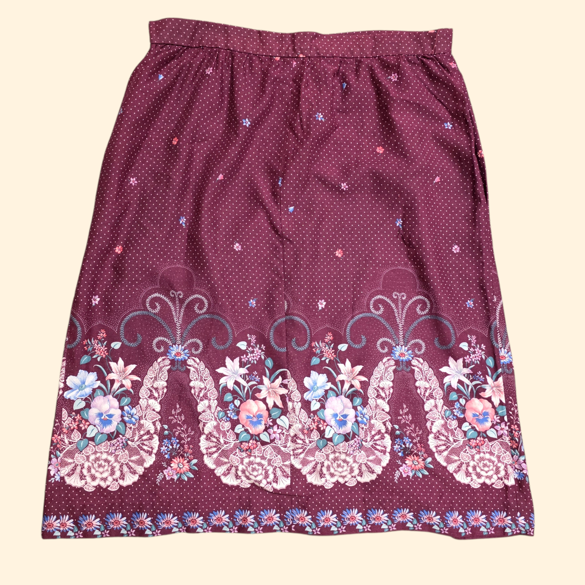 1970s Burgundy Floral Midi Button Up Skirt ~ Large ~ Mauve Cottagecore