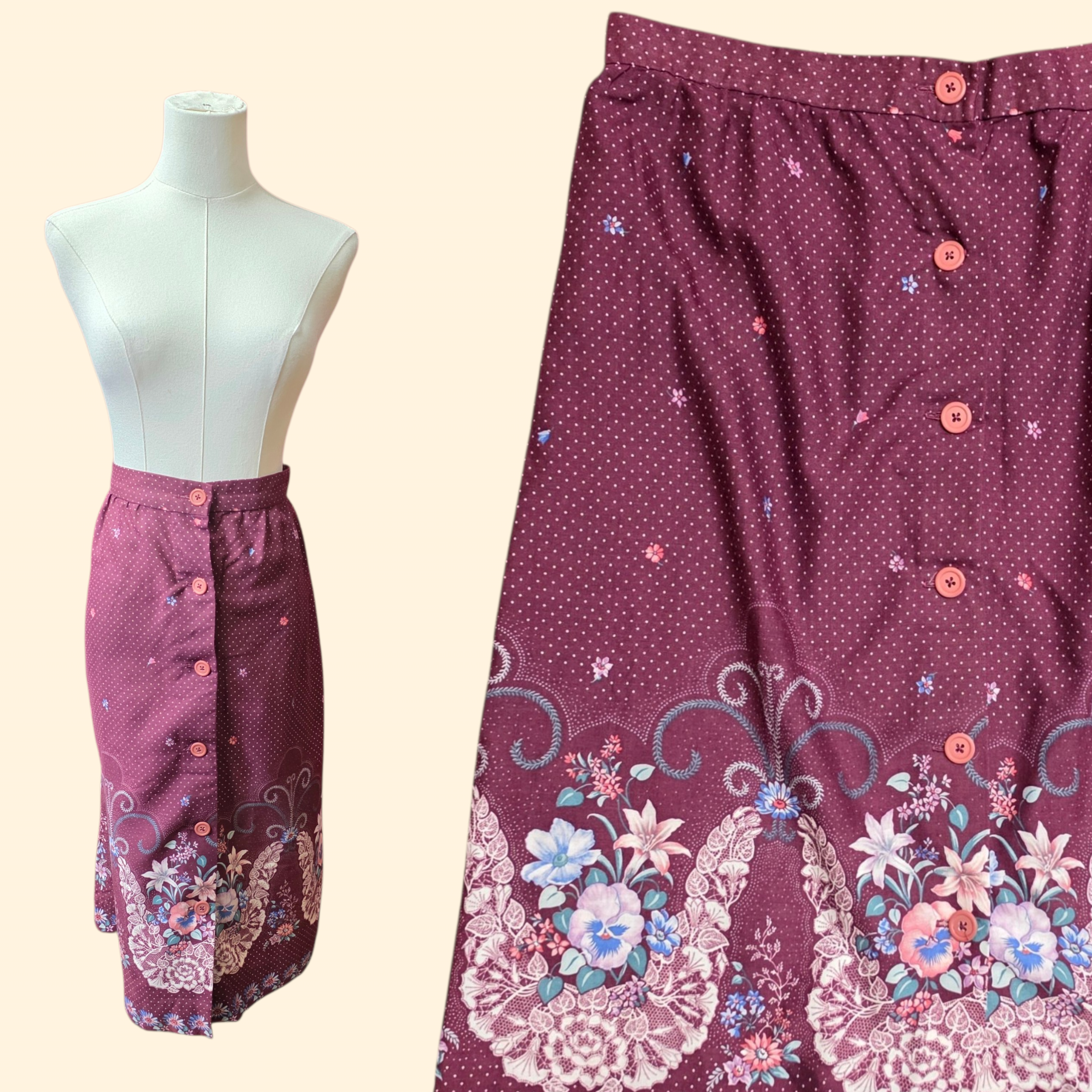 1970s Burgundy Floral Midi Button Up Skirt ~ Large ~ Mauve Cottagecore