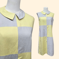 1960s Mod Linen Sleeveless Shift Dress ~ Medium ~ Gray Yellow Colorblock Midi Dress Peter Pan Collar