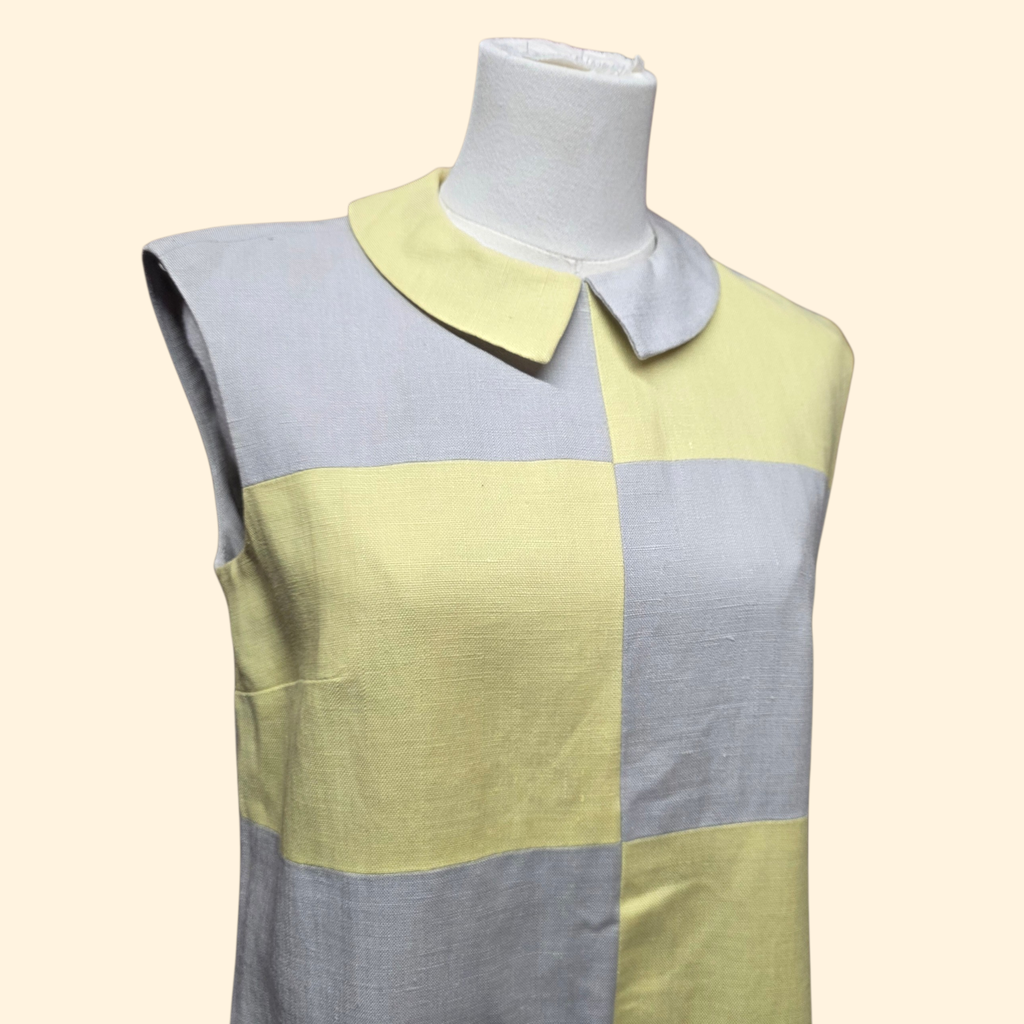 1960s Mod Linen Sleeveless Shift Dress ~ Medium ~ Gray Yellow Colorblock Midi Dress Peter Pan Collar
