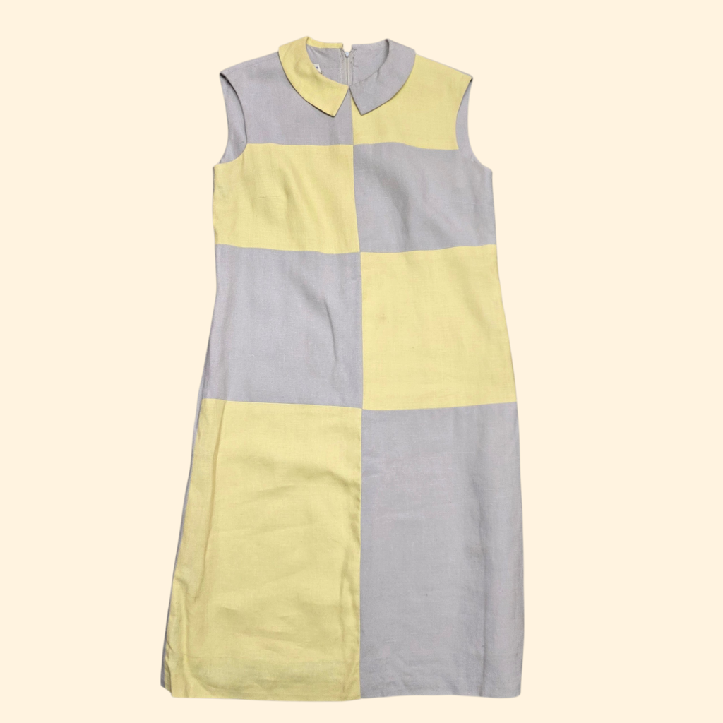 1960s Mod Linen Sleeveless Shift Dress ~ Medium ~ Gray Yellow Colorblock Midi Dress Peter Pan Collar