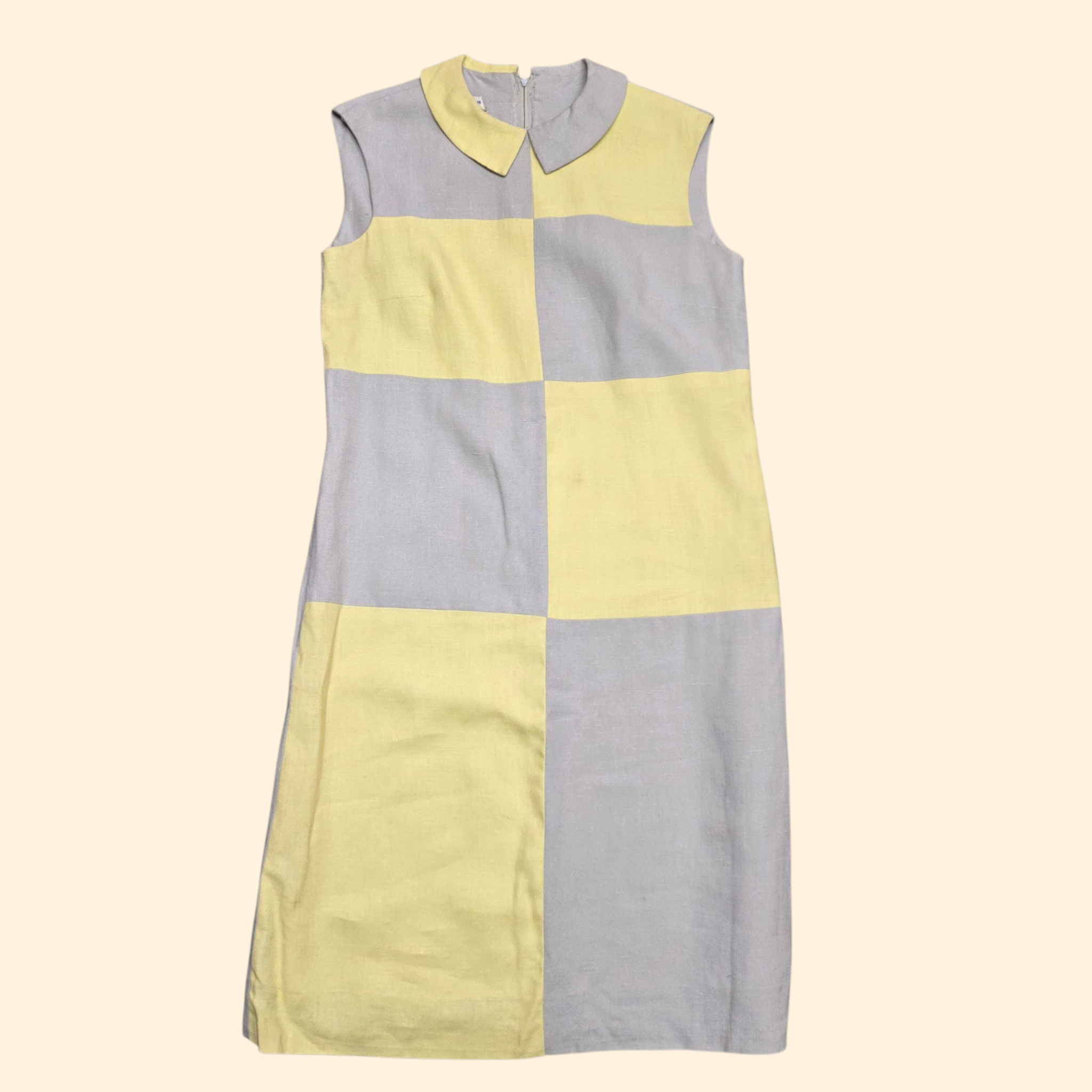 1960s Mod Linen Sleeveless Shift Dress ~ Medium ~ Gray Yellow Colorblock Midi Dress Peter Pan Collar