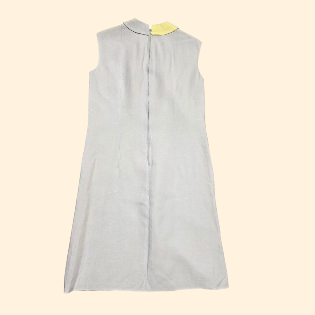 1960s Mod Linen Sleeveless Shift Dress ~ Medium ~ Gray Yellow Colorblock Midi Dress Peter Pan Collar