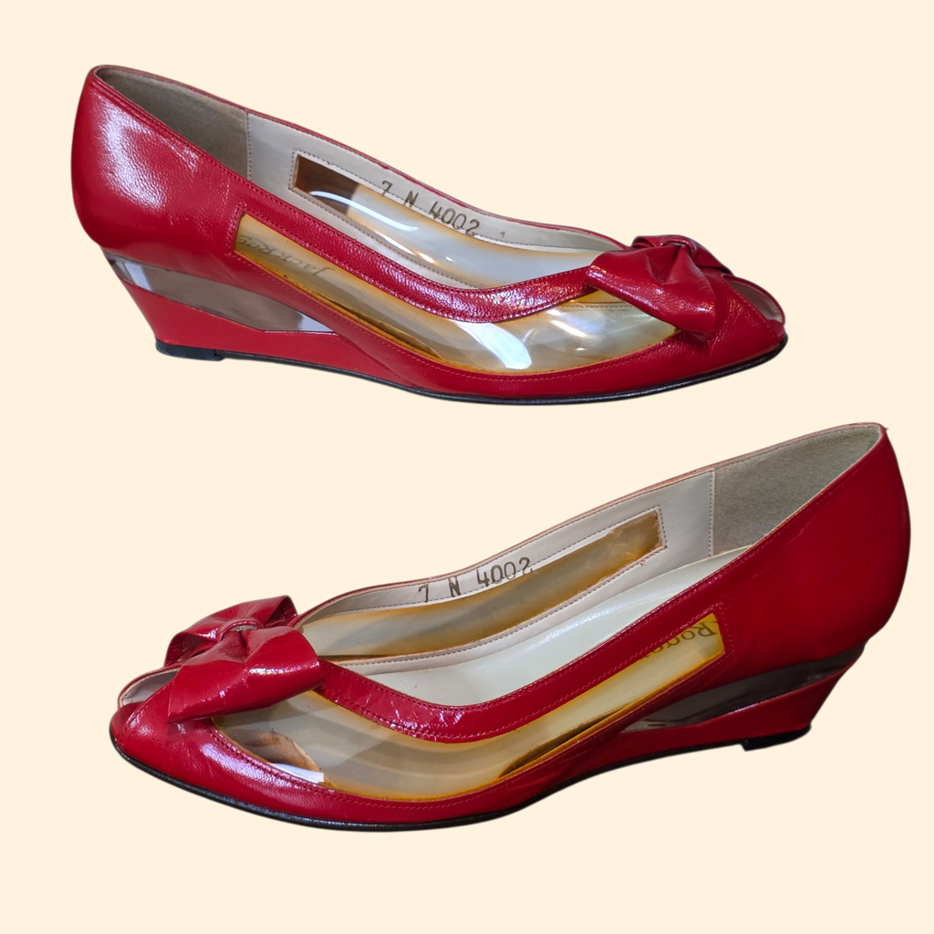 1980s Red Patent Leather Peep Toe Wedges with Bow ~ 7 N ~ Jack Rogers Candi Cane Lucite Heels