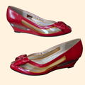 1980s Red Patent Leather Peep Toe Wedges with Bow ~ 7 N ~ Jack Rogers Candi Cane Lucite Heels