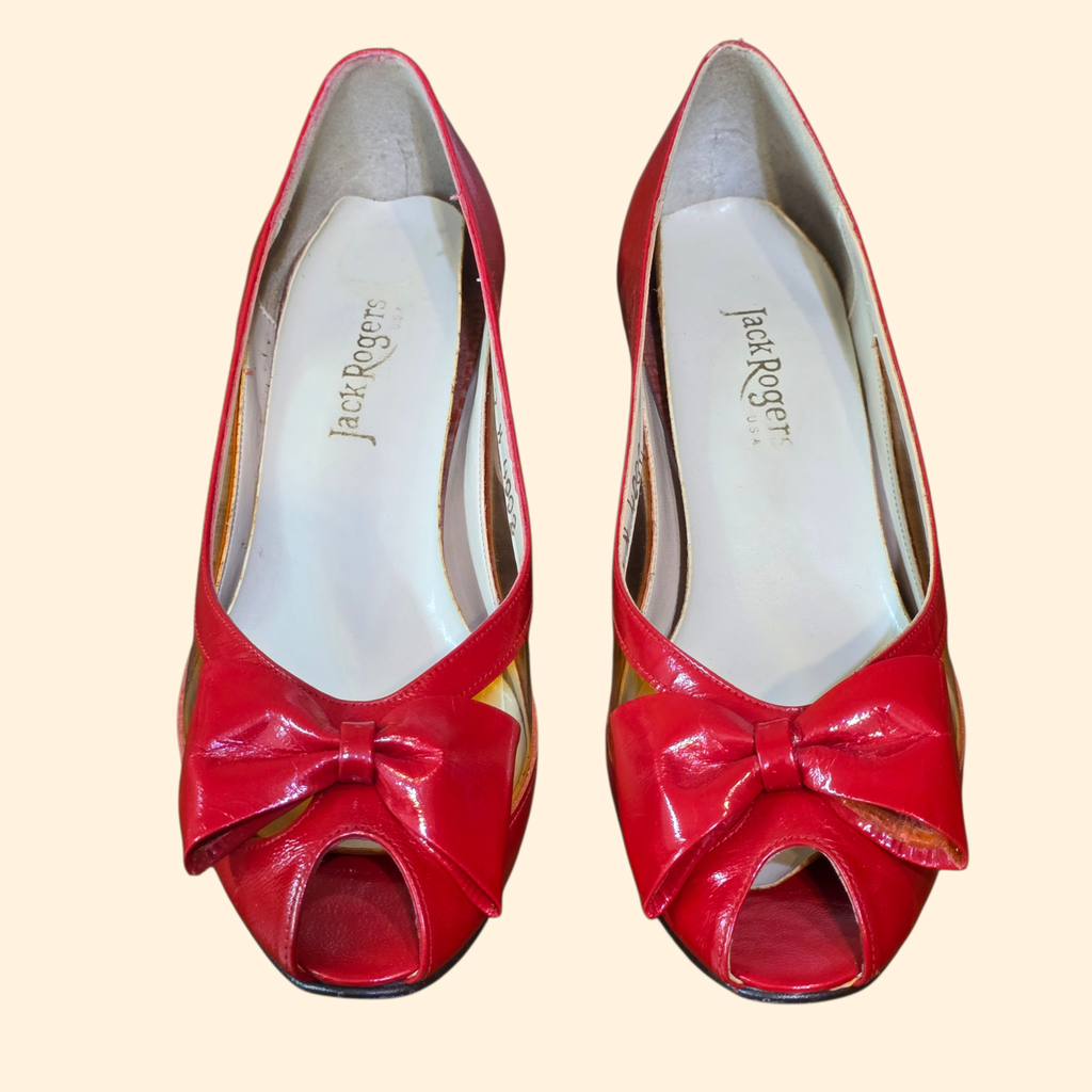 1980s Red Patent Leather Peep Toe Wedges with Bow ~ 7 N ~ Jack Rogers Candi Cane Lucite Heels