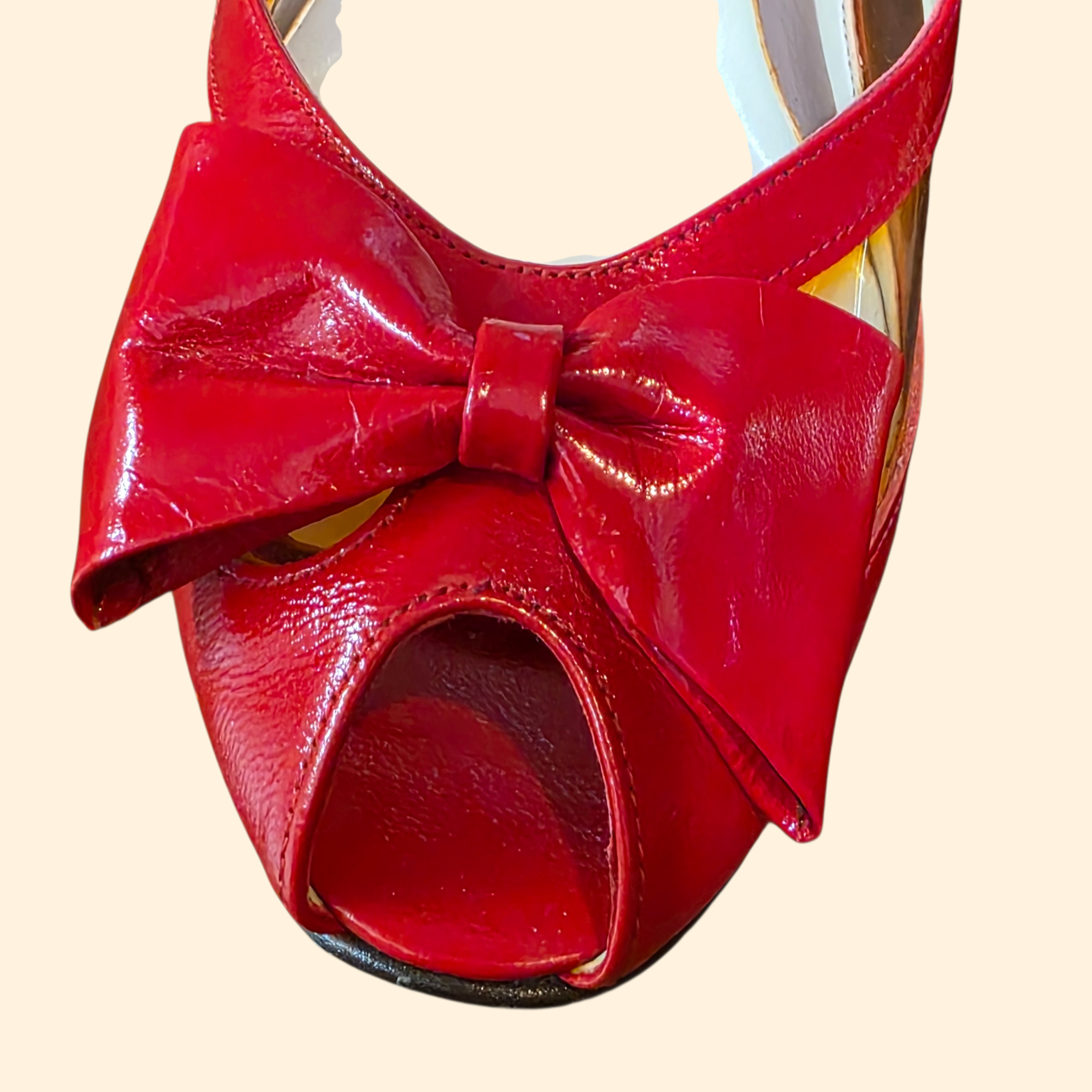 1980s Red Patent Leather Peep Toe Wedges with Bow ~ 7 N ~ Jack Rogers Candi Cane Lucite Heels