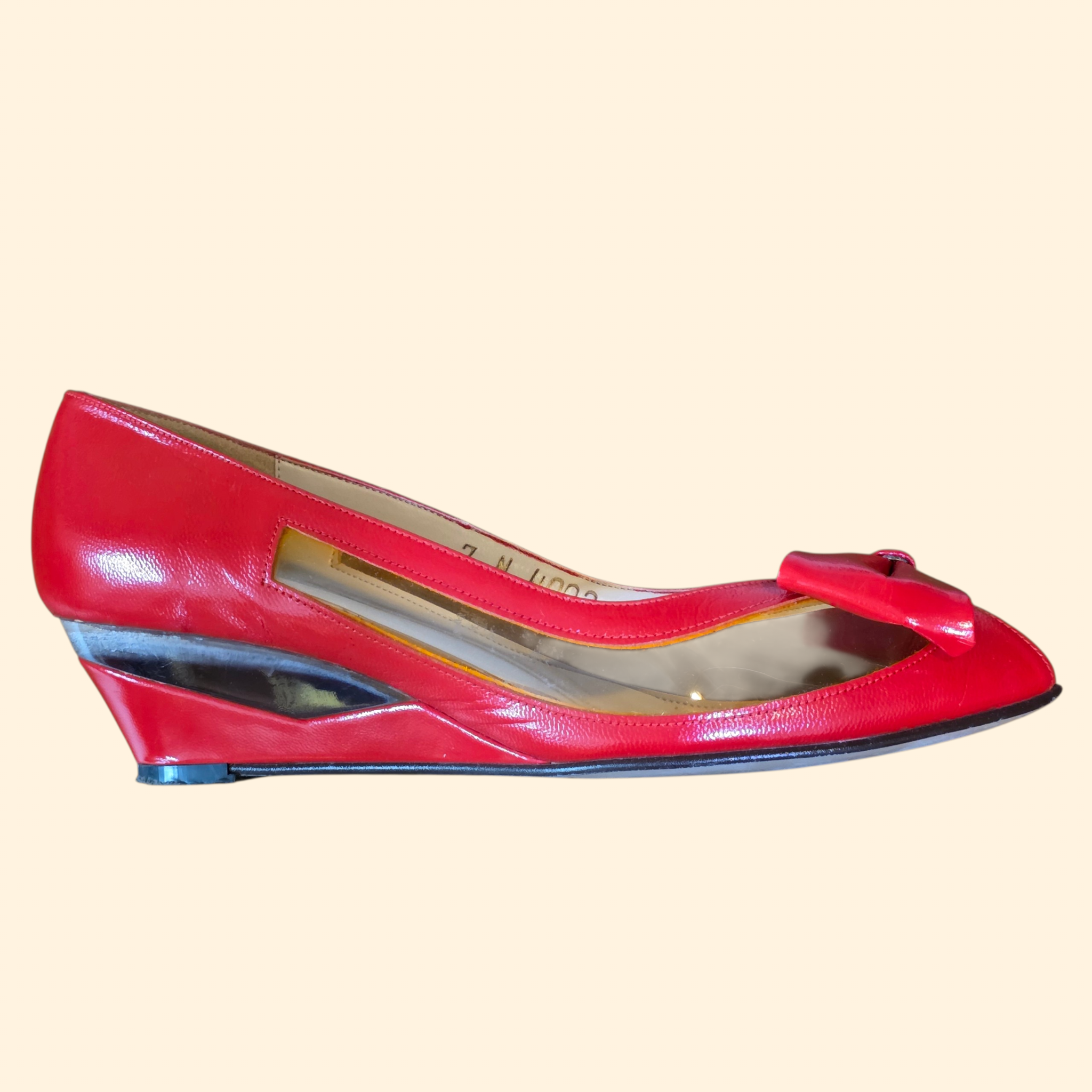 1980s Red Patent Leather Peep Toe Wedges with Bow ~ 7 N ~ Jack Rogers Candi Cane Lucite Heels