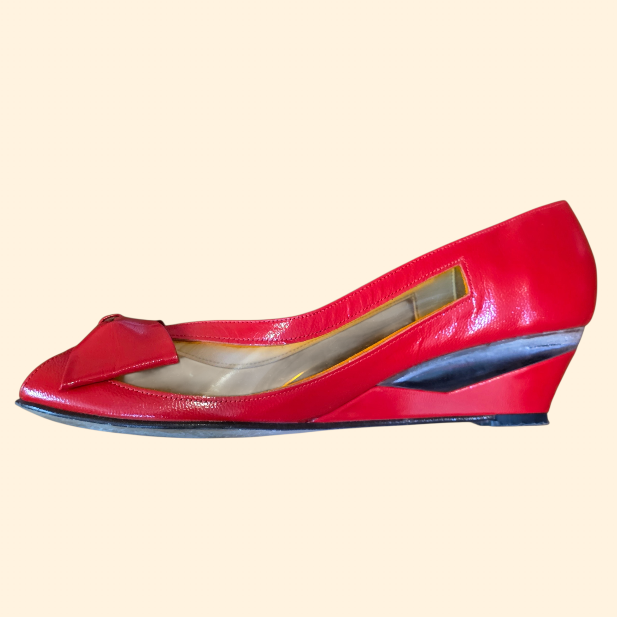 1980s Red Patent Leather Peep Toe Wedges with Bow ~ 7 N ~ Jack Rogers Candi Cane Lucite Heels
