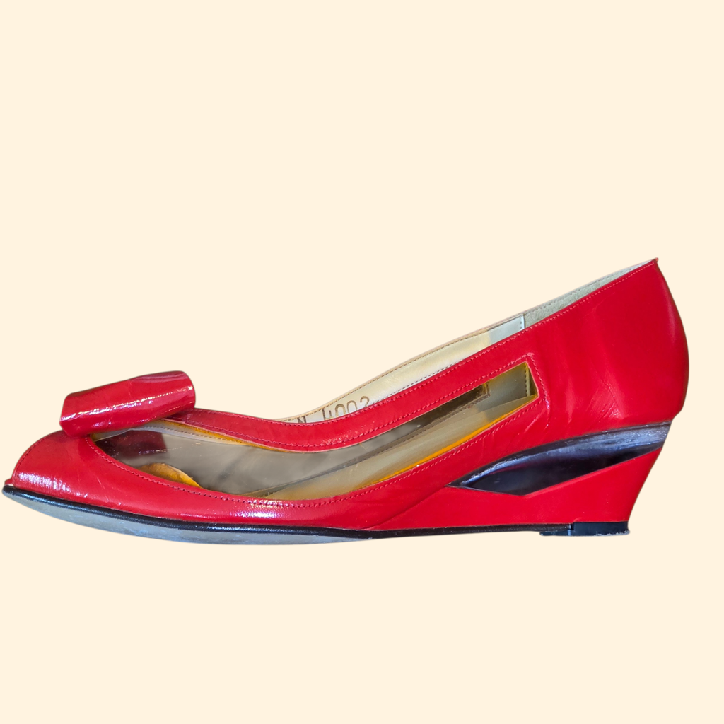 1980s Red Patent Leather Peep Toe Wedges with Bow ~ 7 N ~ Jack Rogers Candi Cane Lucite Heels