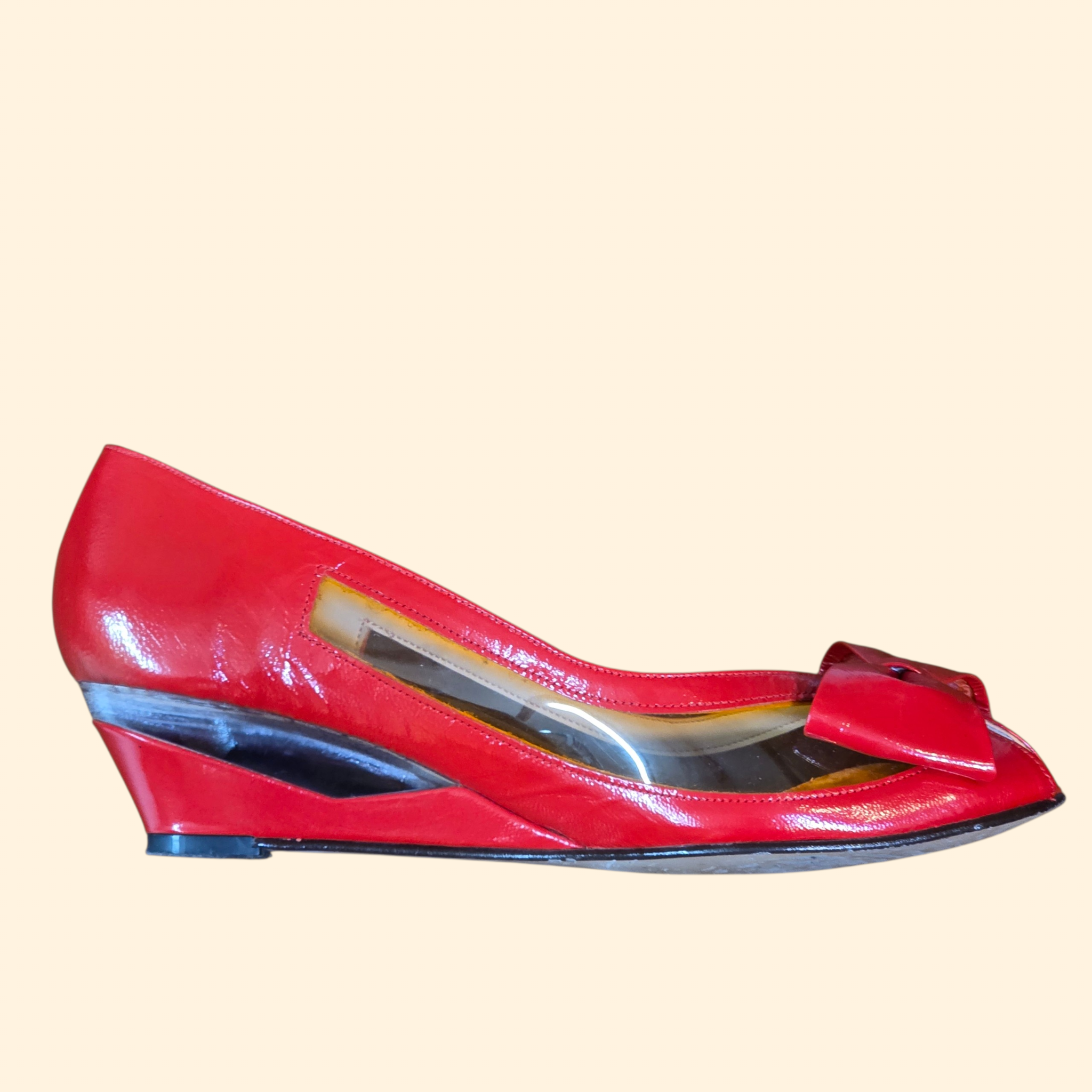 1980s Red Patent Leather Peep Toe Wedges with Bow ~ 7 N ~ Jack Rogers Candi Cane Lucite Heels