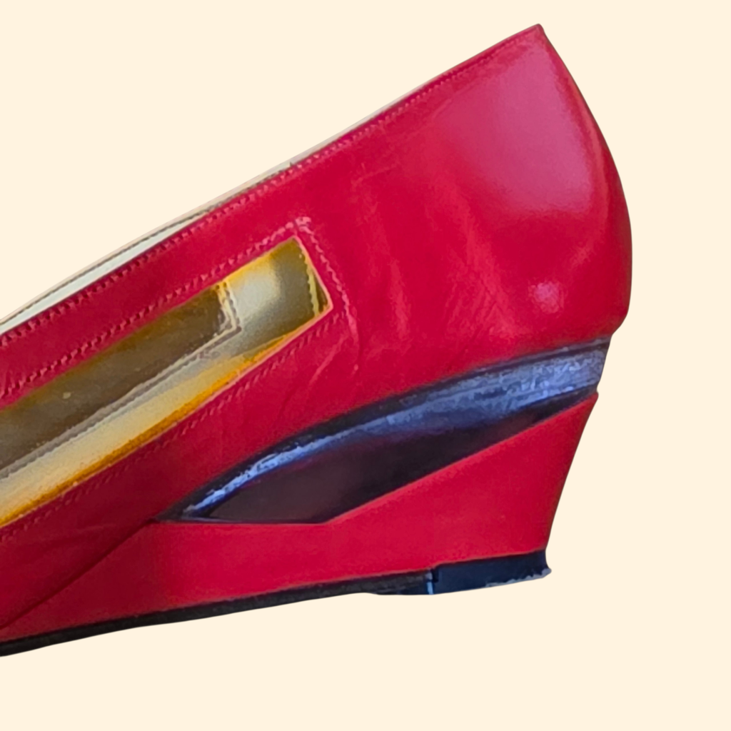 1980s Red Patent Leather Peep Toe Wedges with Bow ~ 7 N ~ Jack Rogers Candi Cane Lucite Heels