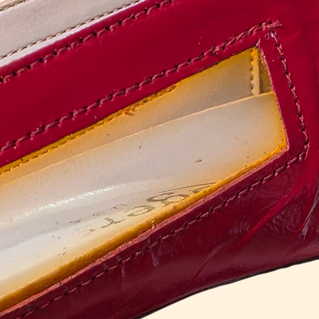 1980s Red Patent Leather Peep Toe Wedges with Bow ~ 7 N ~ Jack Rogers Candi Cane Lucite Heels