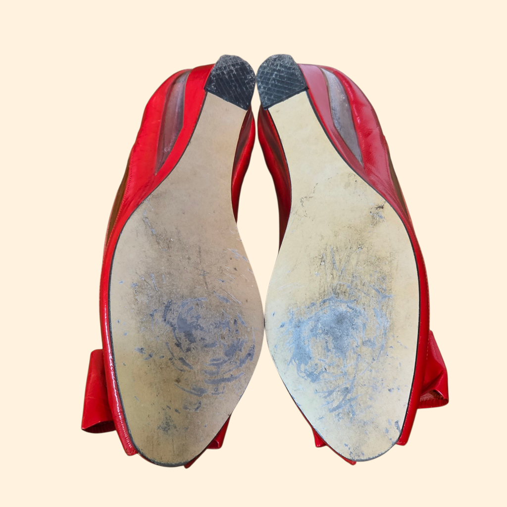 1980s Red Patent Leather Peep Toe Wedges with Bow ~ 7 N ~ Jack Rogers Candi Cane Lucite Heels