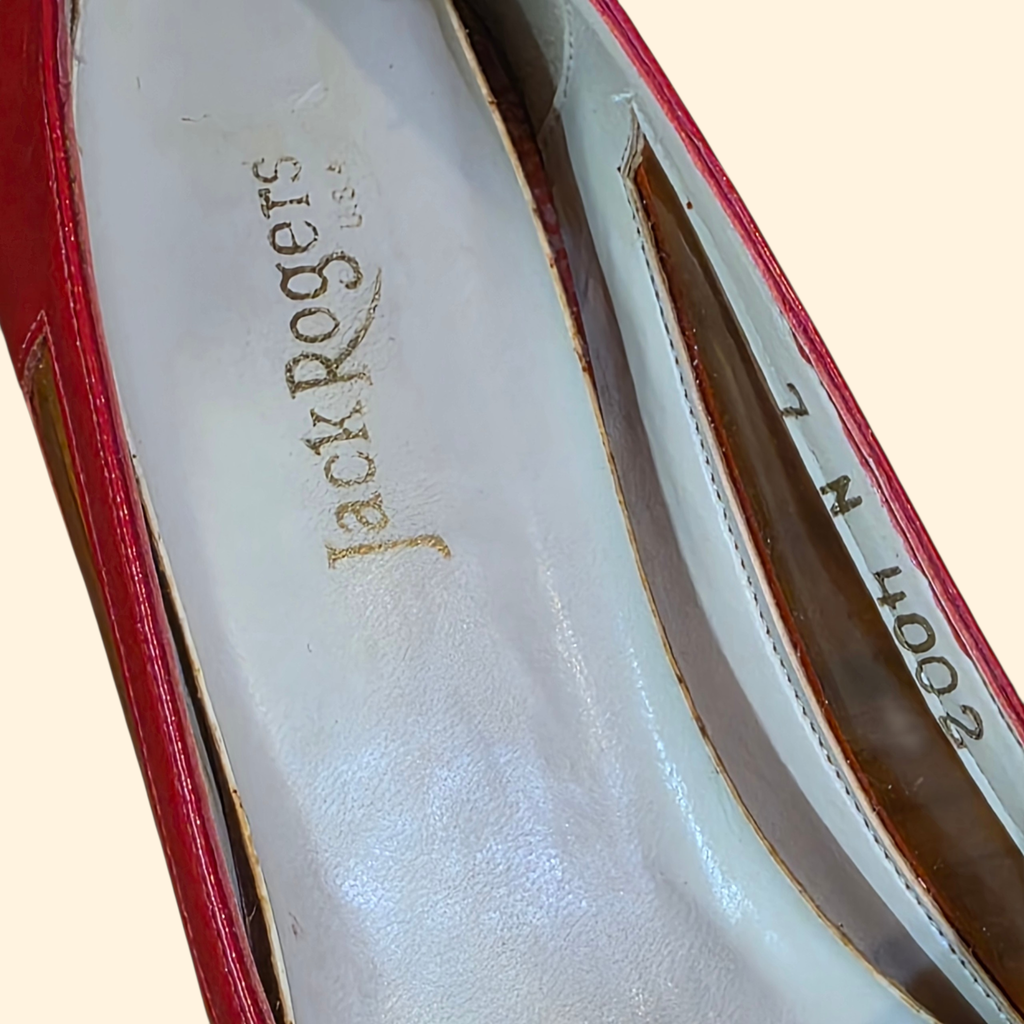 1980s Red Patent Leather Peep Toe Wedges with Bow ~ 7 N ~ Jack Rogers Candi Cane Lucite Heels