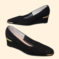 1970s Deadstock Black Suede and Gold Wedge Heels ~ 7AA Narrow ~ Frank Cardone
