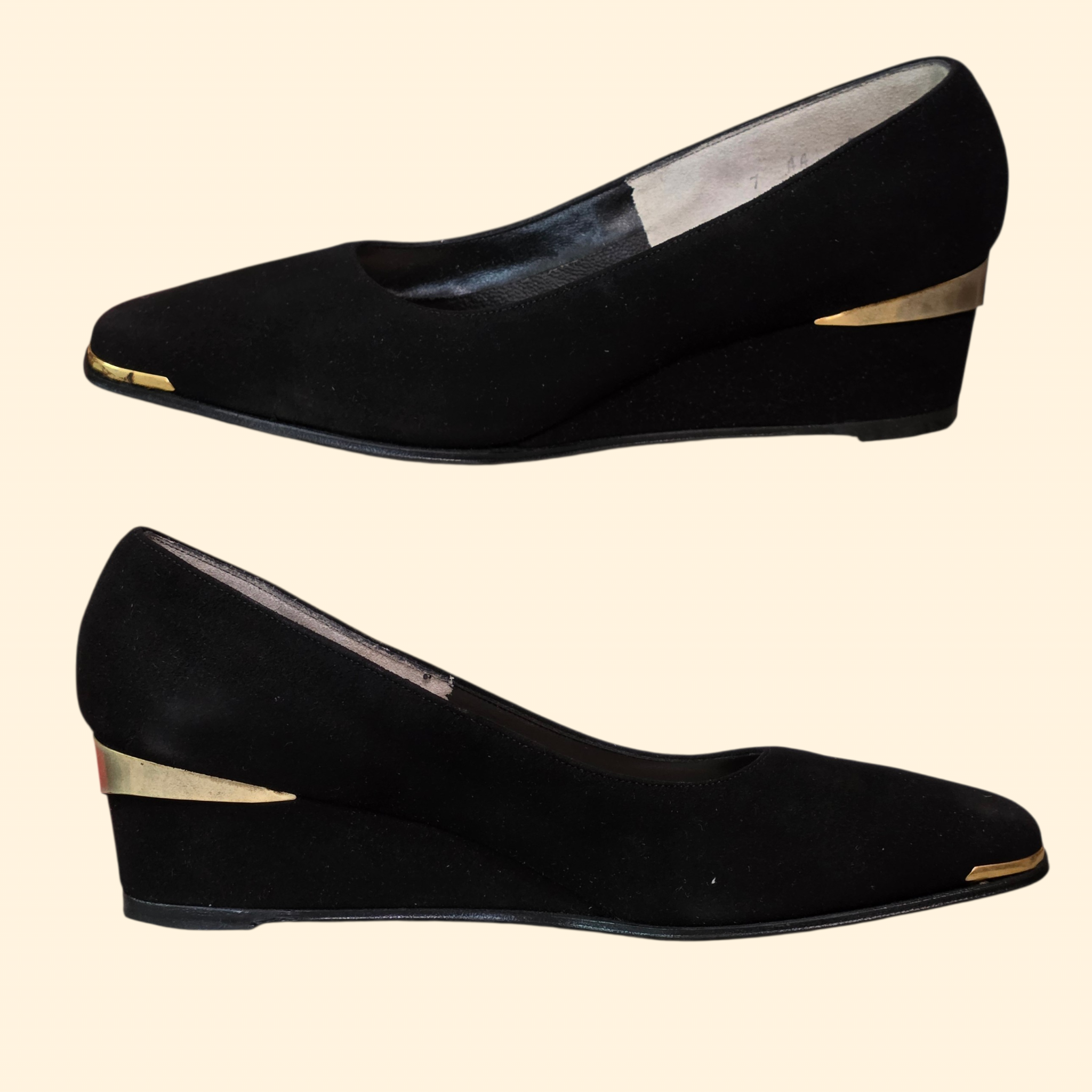 1970s Deadstock Black Suede and Gold Wedge Heels ~ 7AA Narrow ~ Frank Cardone