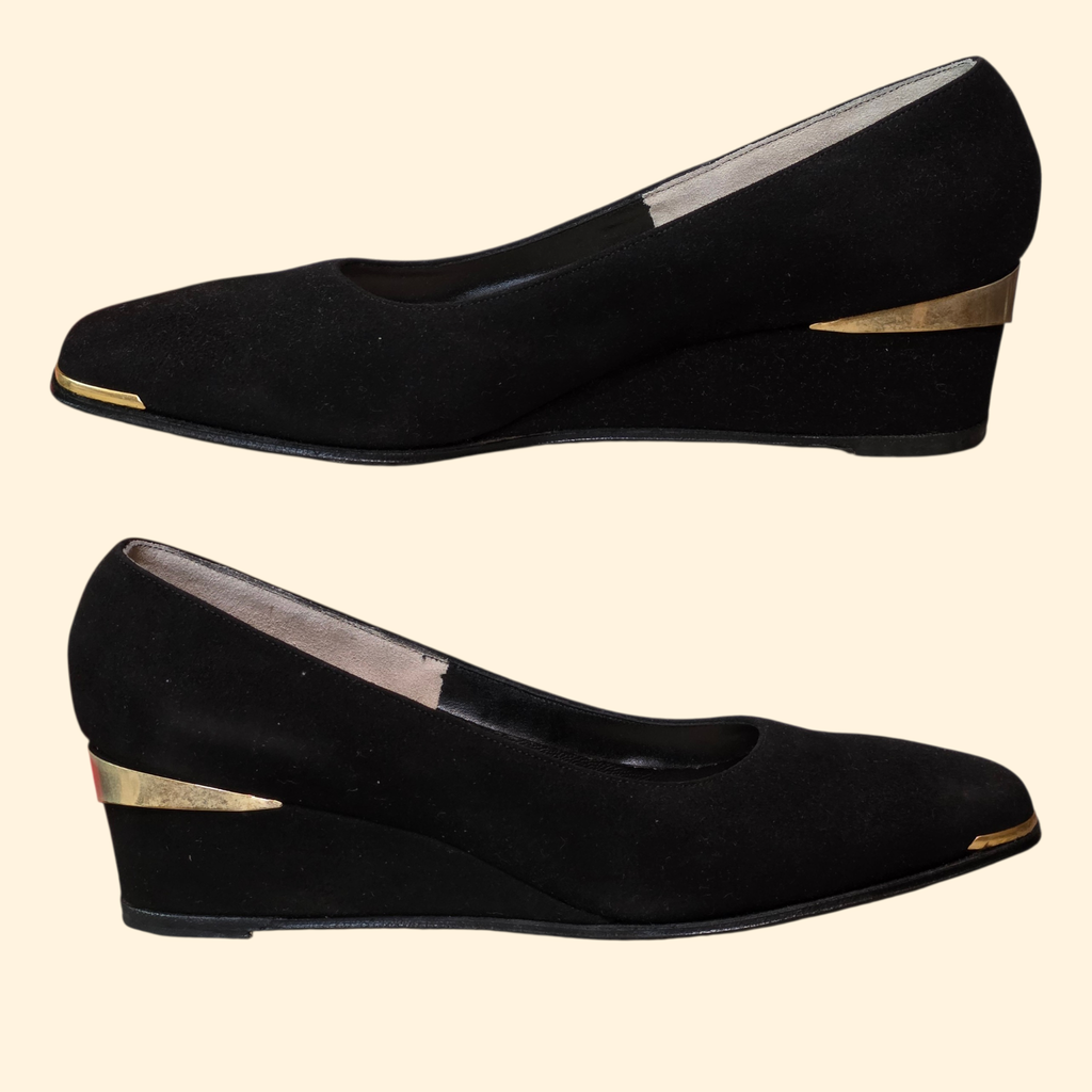 1970s Deadstock Black Suede and Gold Wedge Heels ~ 7AA Narrow ~ Frank Cardone