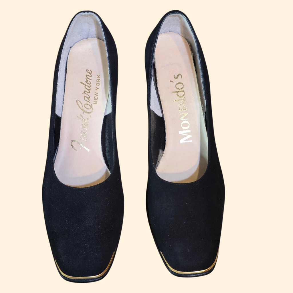 1970s Deadstock Black Suede and Gold Wedge Heels ~ 7AA Narrow ~ Frank Cardone