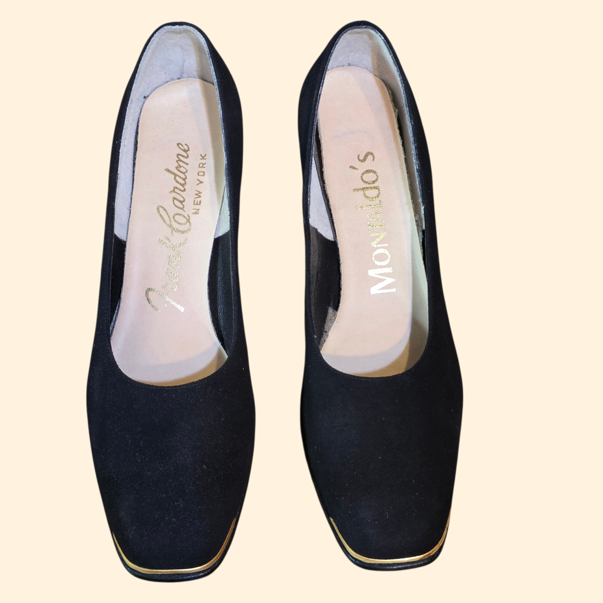 1970s Deadstock Black Suede and Gold Wedge Heels ~ 7AA Narrow ~ Frank Cardone