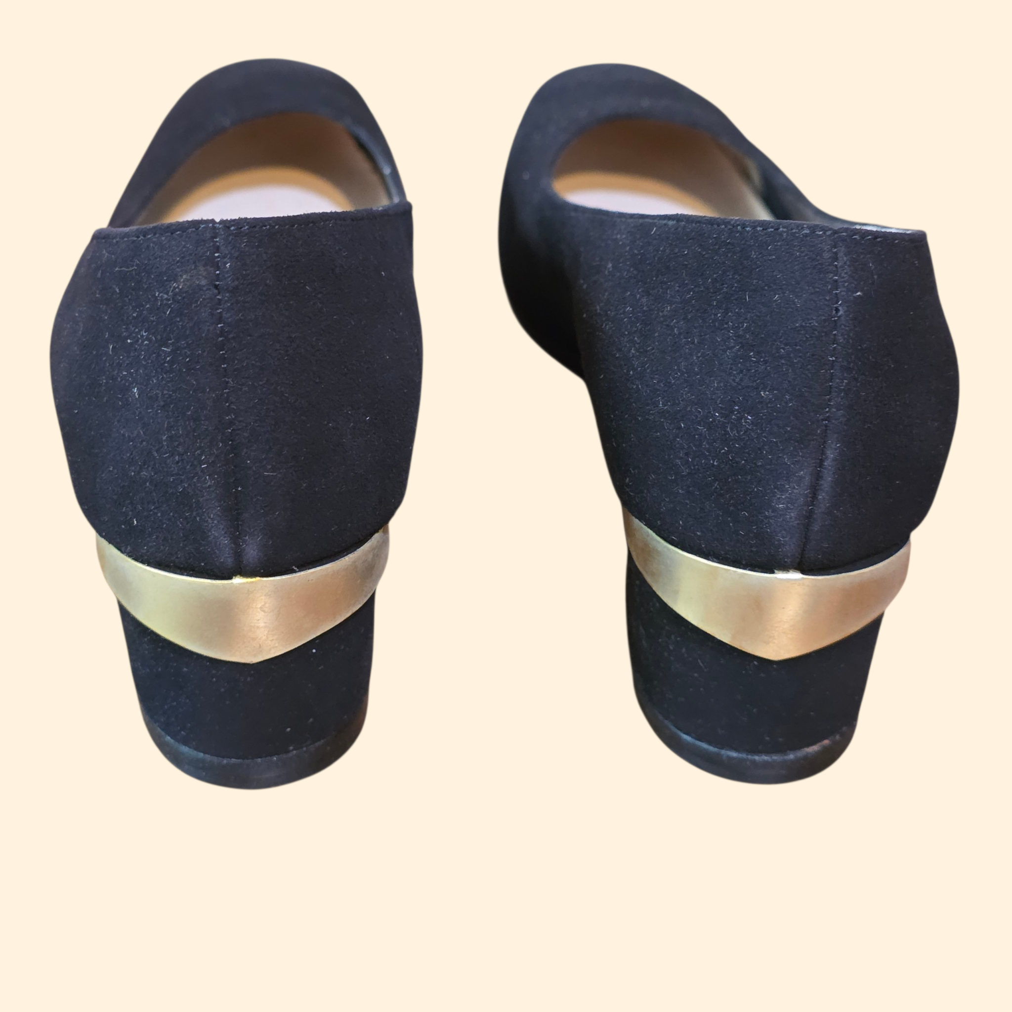 1970s Deadstock Black Suede and Gold Wedge Heels ~ 7AA Narrow ~ Frank Cardone