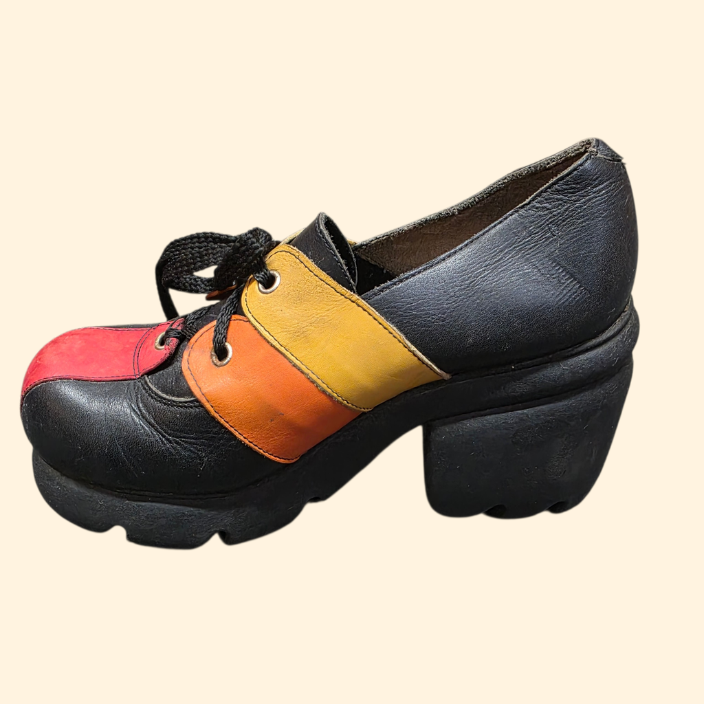 1990s Destroy Platform Oxford Shoes ~ EU 37 / 38  US 7 7.5 ~ Chunky Heel Leather Patchwork
