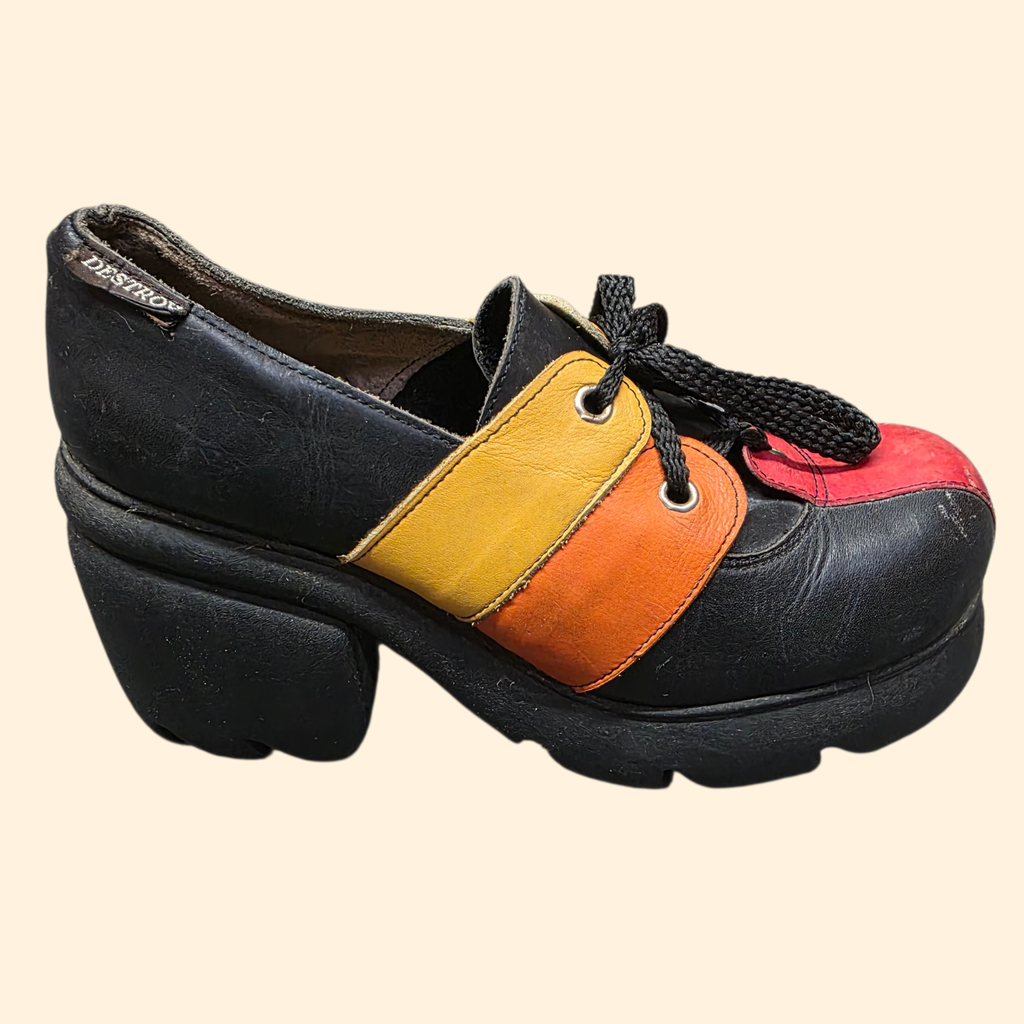 1990s Destroy Platform Oxford Shoes ~ EU 37 / 38  US 7 7.5 ~ Chunky Heel Leather Patchwork