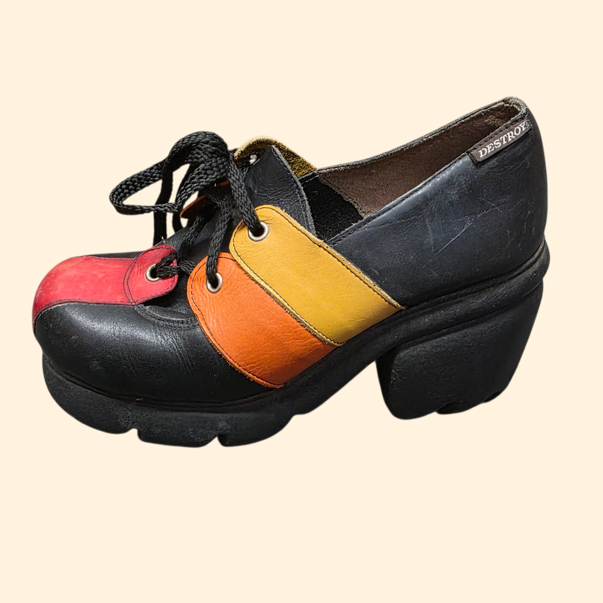 1990s Destroy Platform Oxford Shoes ~ EU 37 / 38  US 7 7.5 ~ Chunky Heel Leather Patchwork