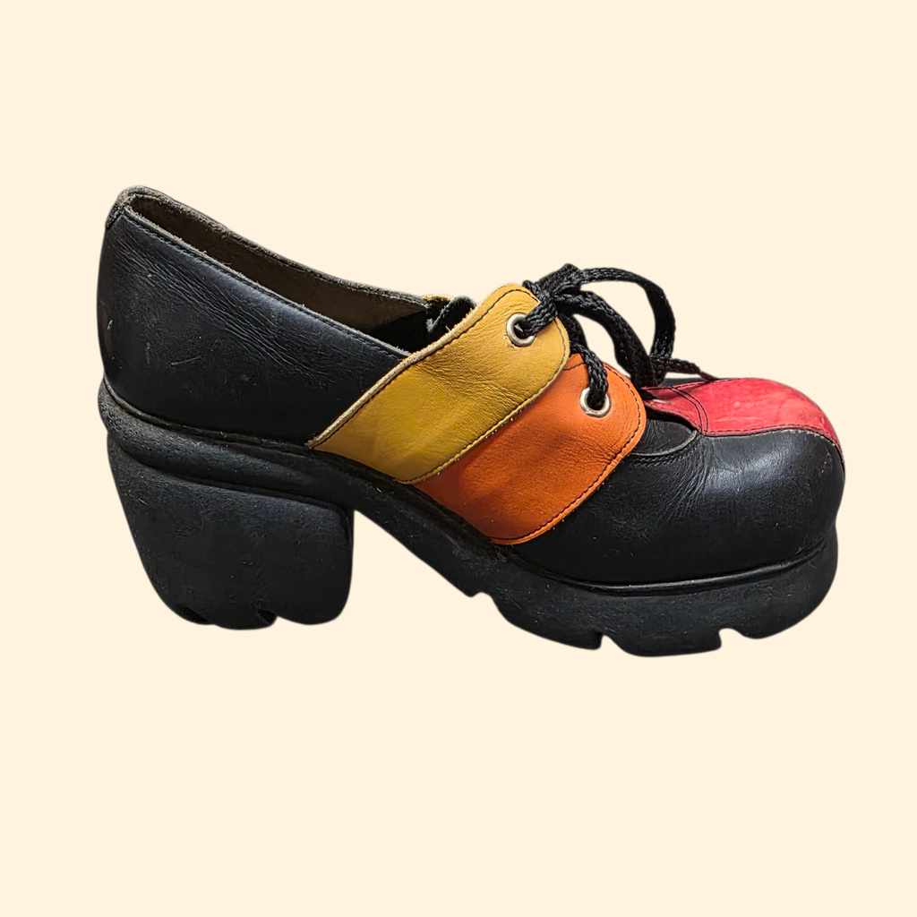 1990s Destroy Platform Oxford Shoes ~ EU 37 / 38  US 7 7.5 ~ Chunky Heel Leather Patchwork