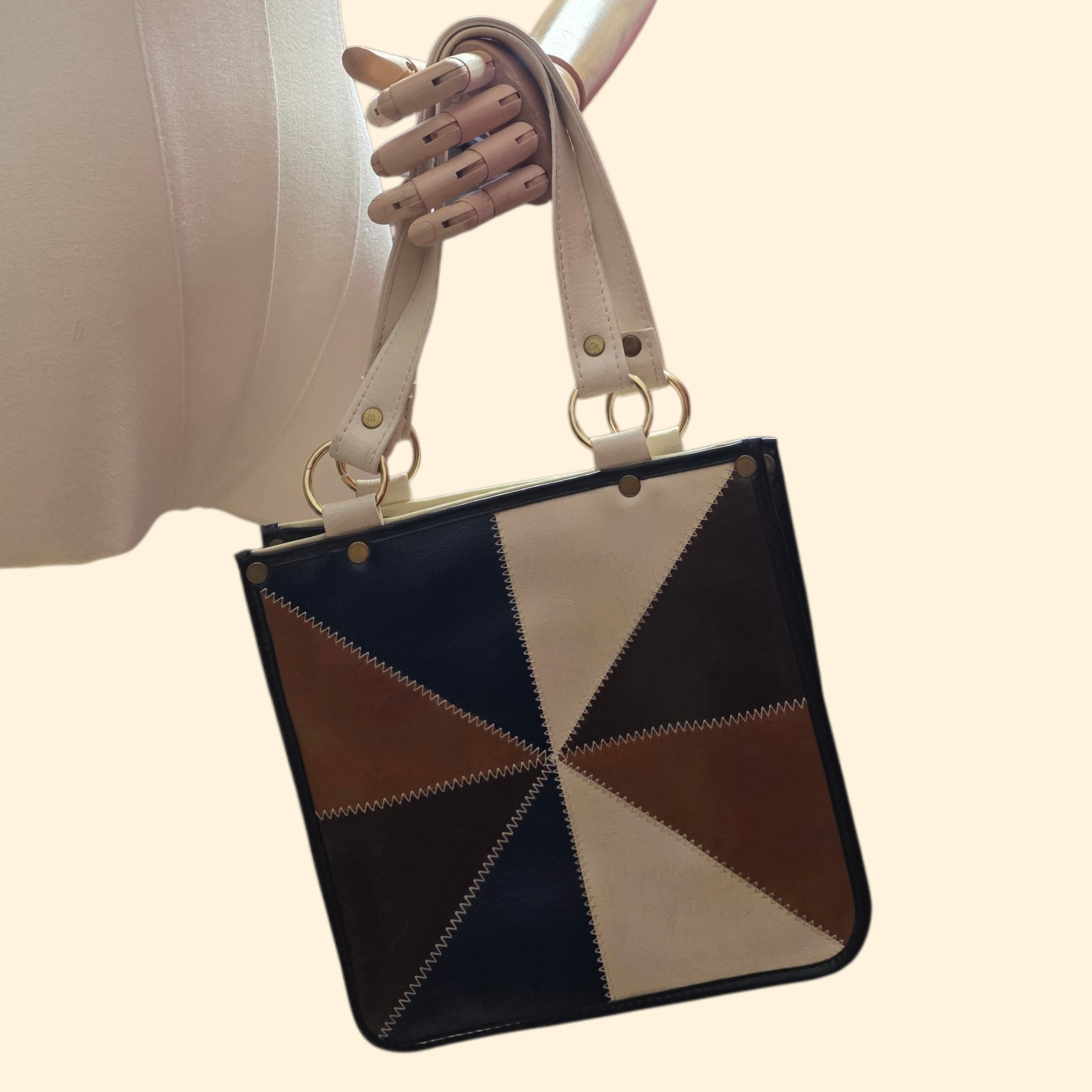 1970s Patchwork Vinyl Handbag ~ Brown Navy Purse