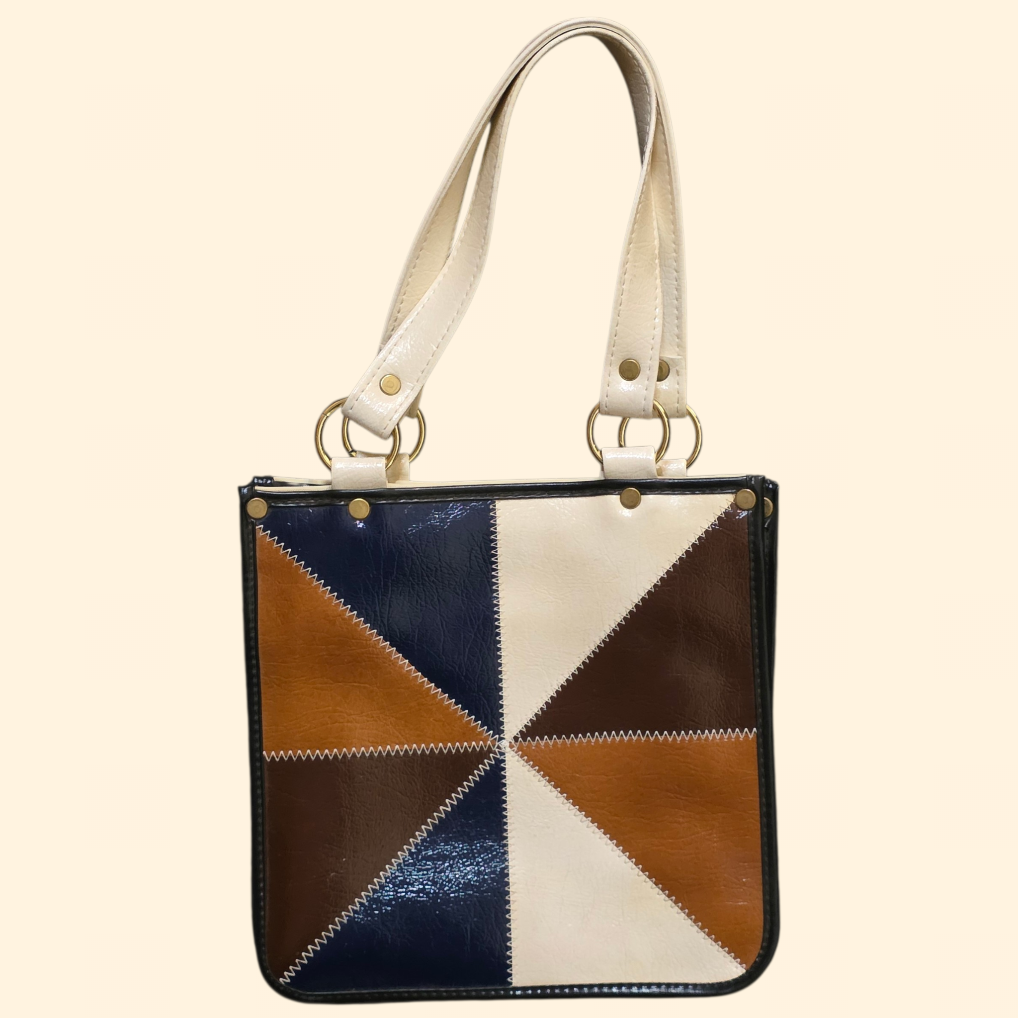 1970s Patchwork Vinyl Handbag ~ Brown Navy Purse