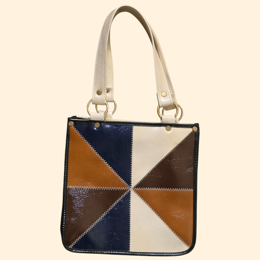 1970s Patchwork Vinyl Handbag ~ Brown Navy Purse