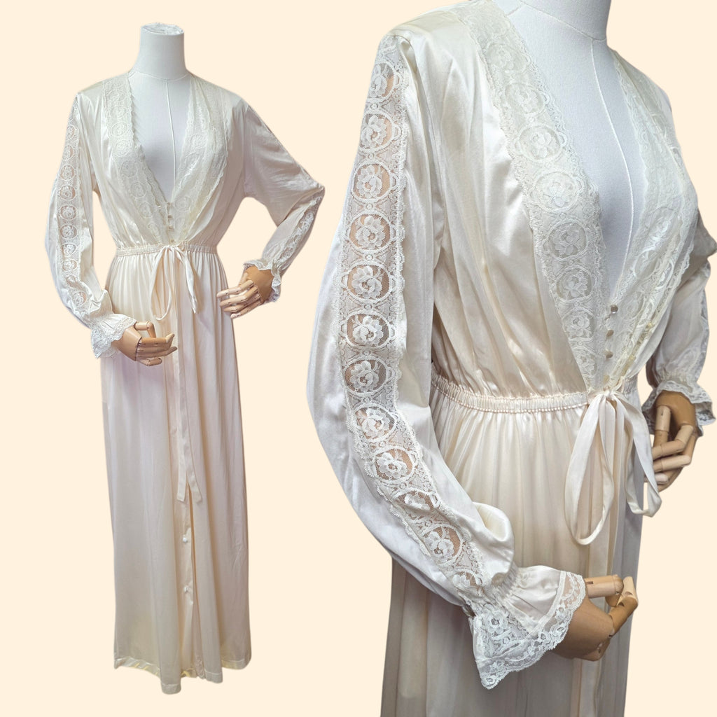 1960s Gilead Ivory Lace Trimmed Peignoir Set ~ Small Medium ~ Bridal Nightgown Robe