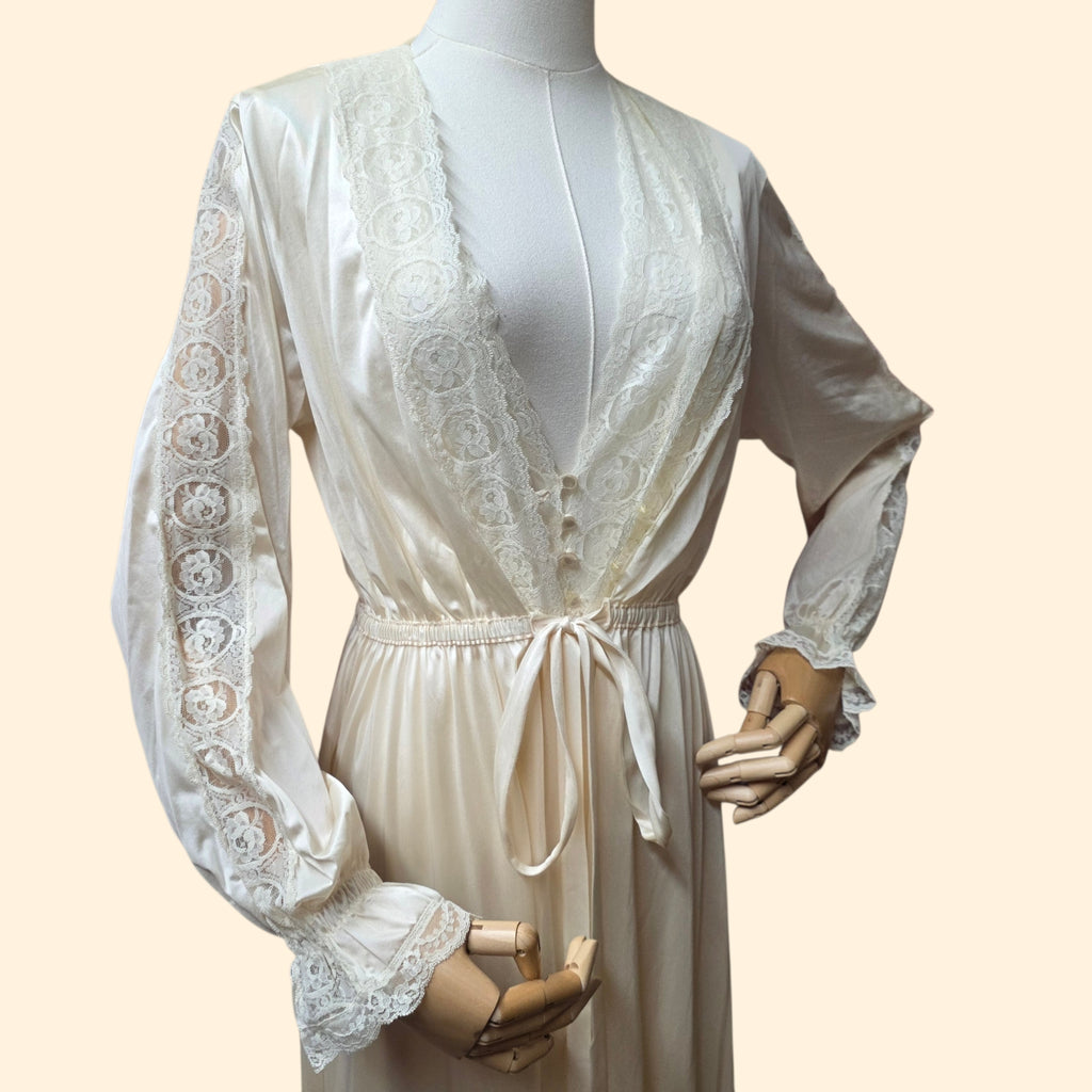 1960s Gilead Ivory Lace Trimmed Peignoir Set ~ Small Medium ~ Bridal Nightgown Robe