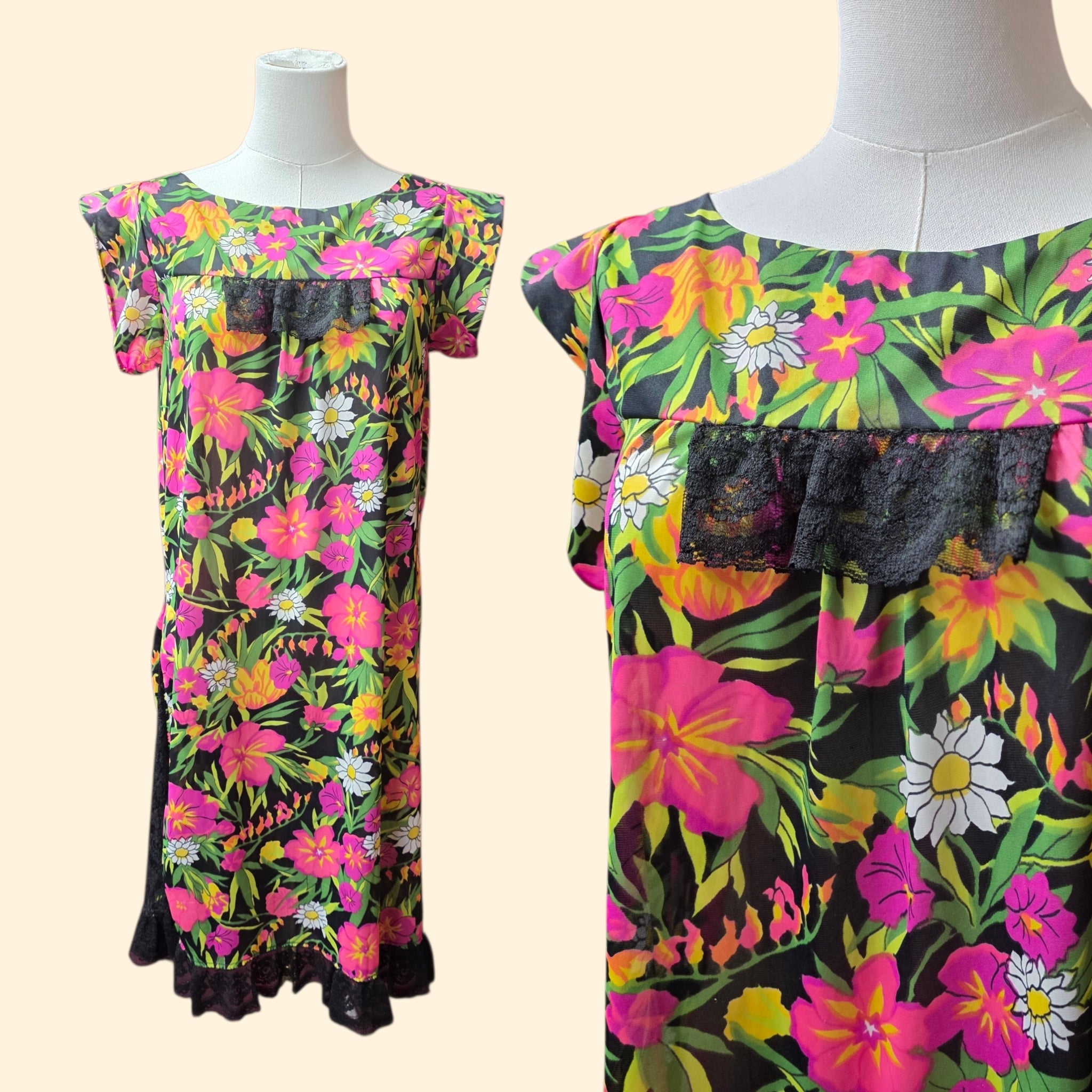 1960s Floral Lace Trimmed Nightgown ~ Medium ~ Flower Power Midi Babydoll Nightie