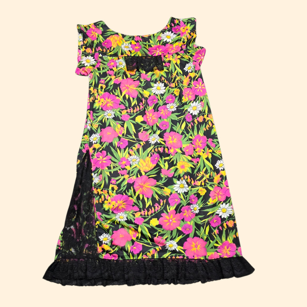 1960s Floral Lace Trimmed Nightgown ~ Medium ~ Flower Power Midi Babydoll Nightie