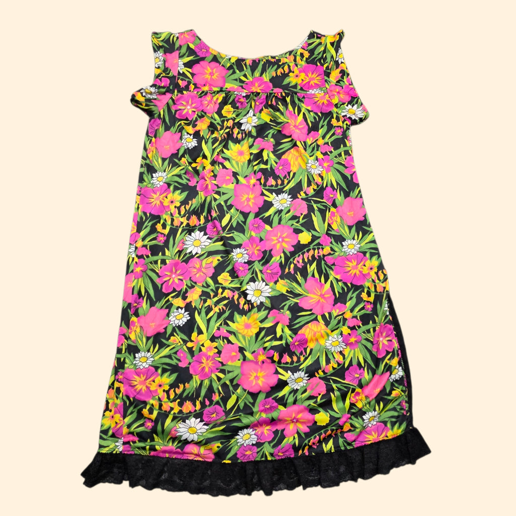 1960s Floral Lace Trimmed Nightgown ~ Medium ~ Flower Power Midi Babydoll Nightie
