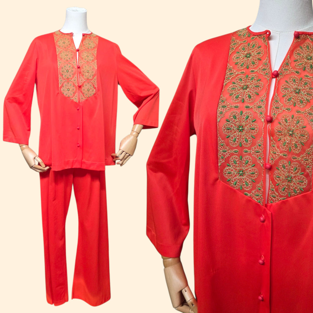 1960s Burnt Orange Pajama Set with Embrodered Top ~ Medium ~ Terra Cotta Lounge Set