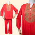 1960s Burnt Orange Pajama Set with Embrodered Top ~ Medium ~ Terra Cotta Lounge Set