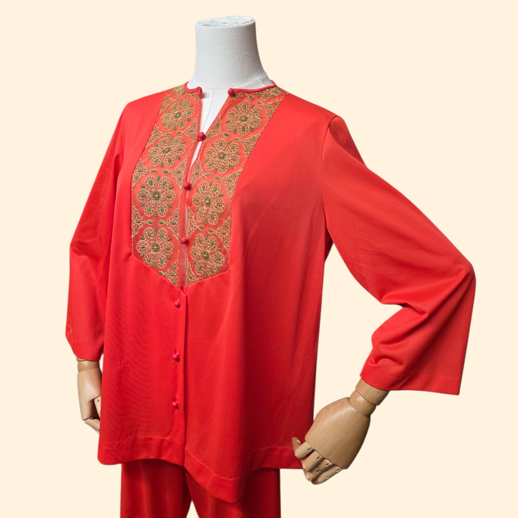 1960s Burnt Orange Pajama Set with Embrodered Top ~ Medium ~ Terra Cotta Lounge Set