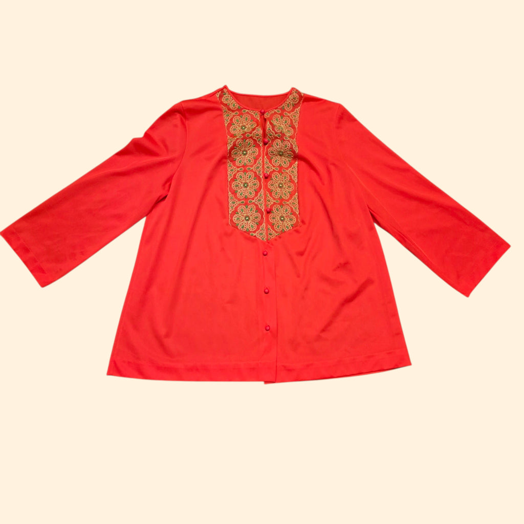 1960s Burnt Orange Pajama Set with Embrodered Top ~ Medium ~ Terra Cotta Lounge Set
