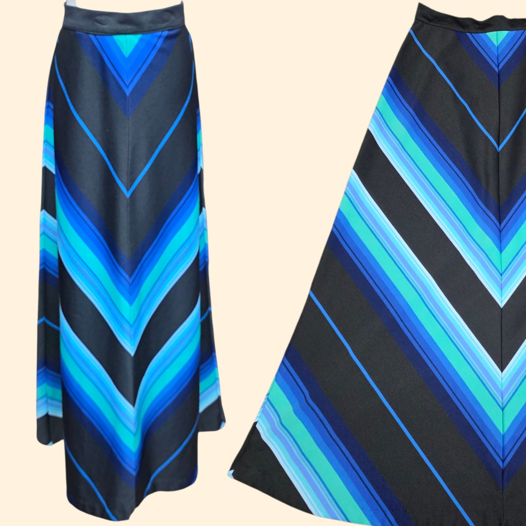 1970s Blue and Black Chevron A-Line Maxi Skirt ~ Small Medium