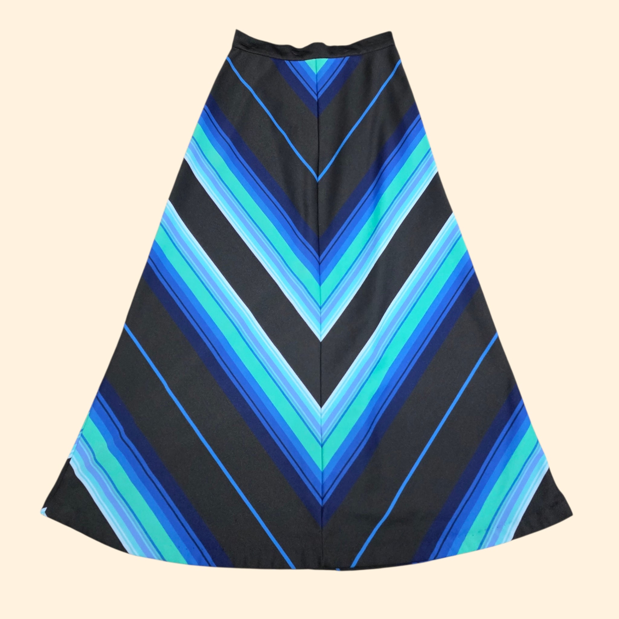1970s Blue and Black Chevron A-Line Maxi Skirt ~ Small Medium