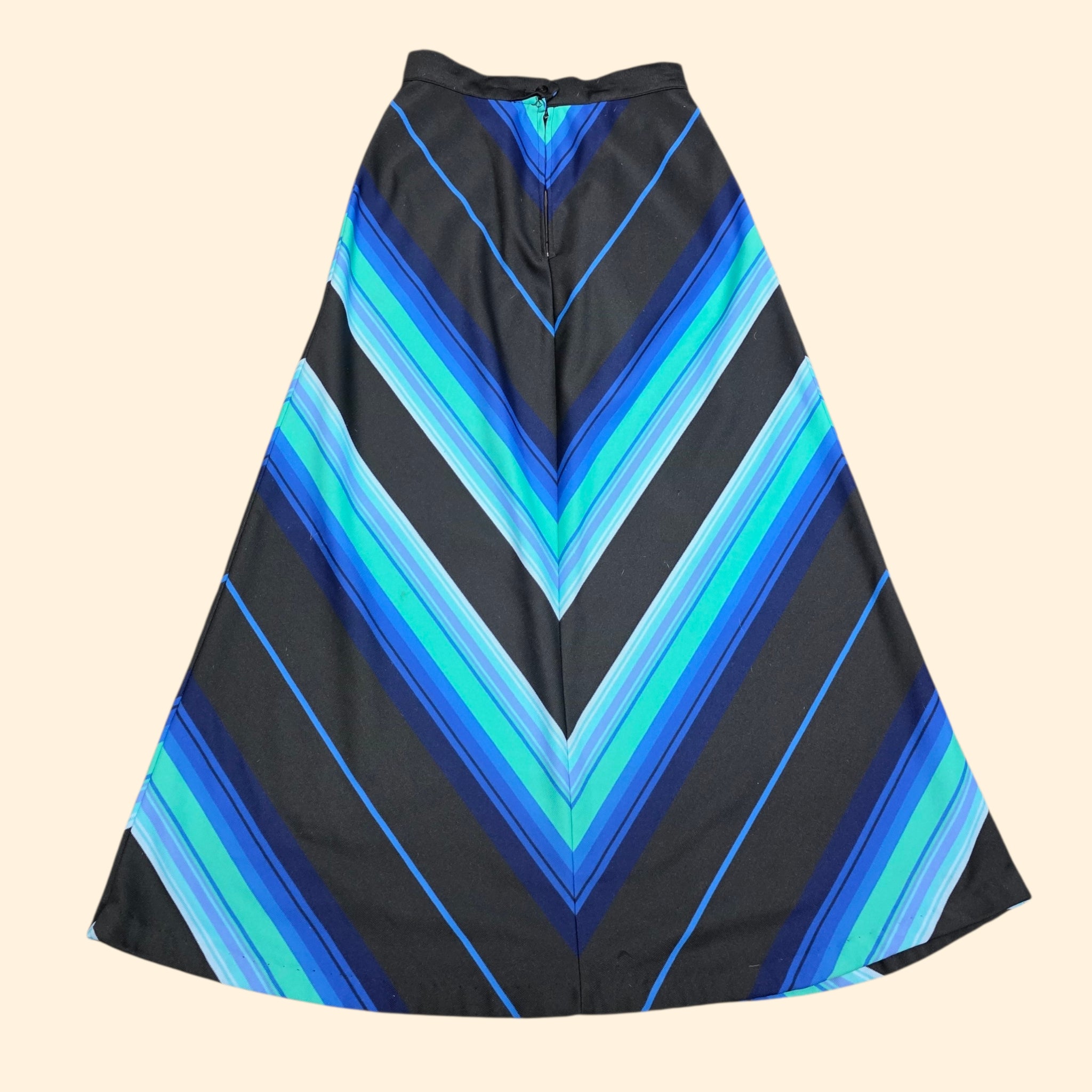 1970s Blue and Black Chevron A-Line Maxi Skirt ~ Small Medium