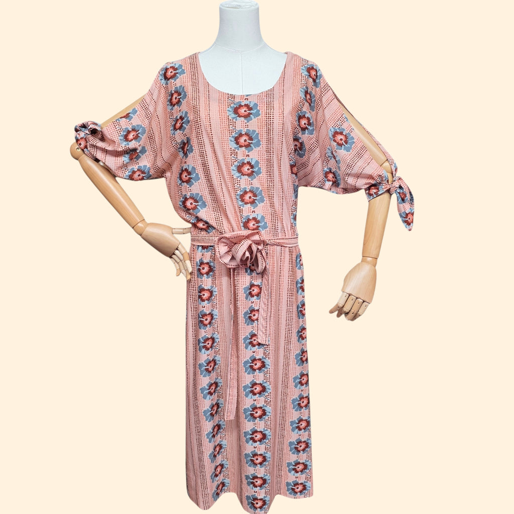 1970s Floral Midi Dress with Cold Shoulder Split Dolman Sleeves ~ Large