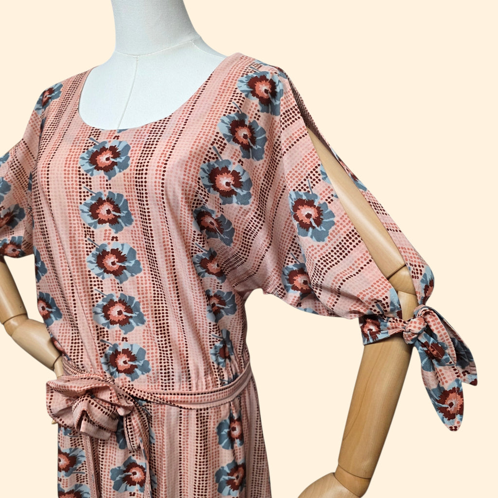 1970s Floral Midi Dress with Cold Shoulder Split Dolman Sleeves ~ Large