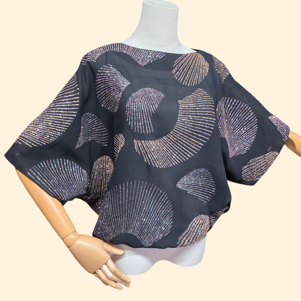 1980s Rainbow Glitter Batwing Top ~ Large ~ Disco Glam Dolman Sleeves